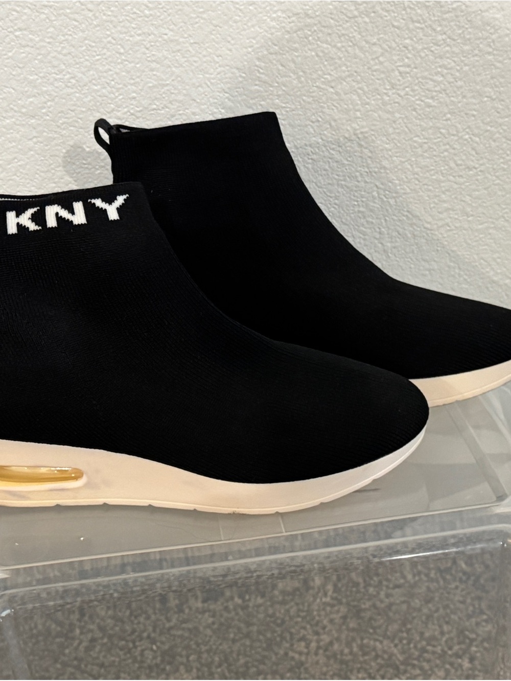 DKNY Black Knit Slip-On Sock Sneakers with White Soles